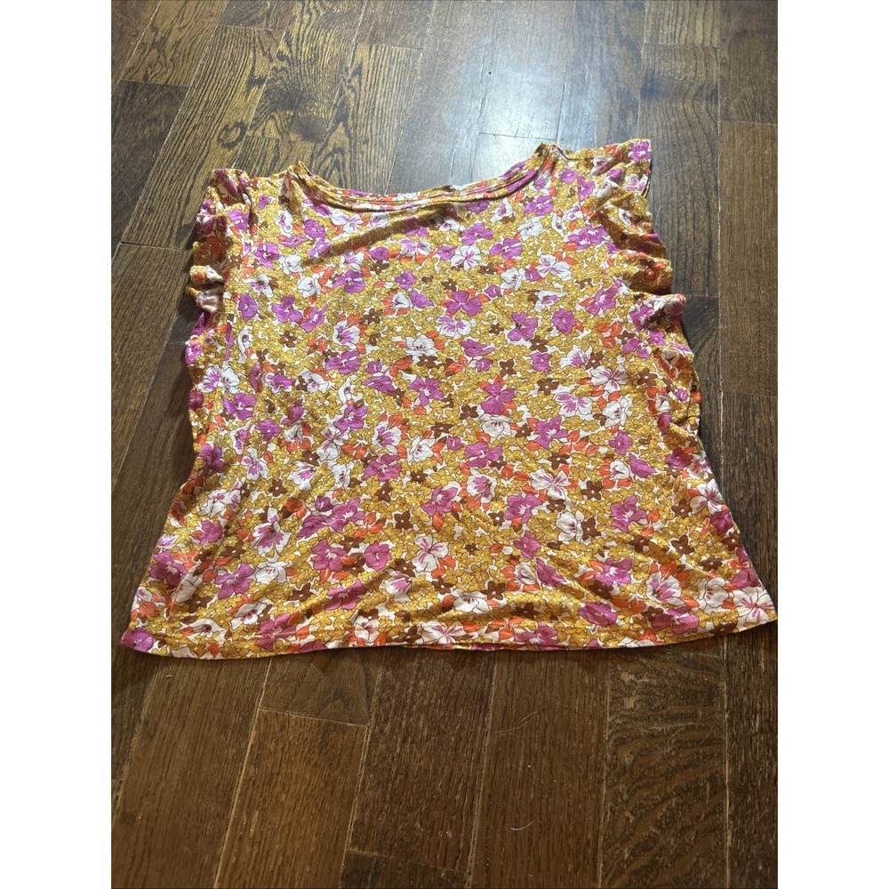 ANN TAYLOR Floral Linen Flutter‎ Sleeve Tee White Mustard Short Sleeve Top XS